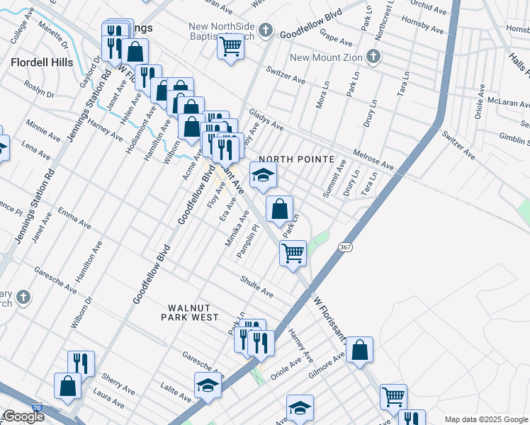 map of restaurants, bars, coffee shops, grocery stores, and more near 6055 West Florissant Avenue in St. Louis