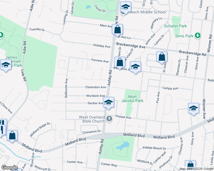 map of restaurants, bars, coffee shops, grocery stores, and more near 10521 Clarendon Avenue in St. Louis