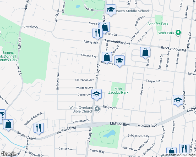 map of restaurants, bars, coffee shops, grocery stores, and more near 10433 Clarendon Avenue in Overland