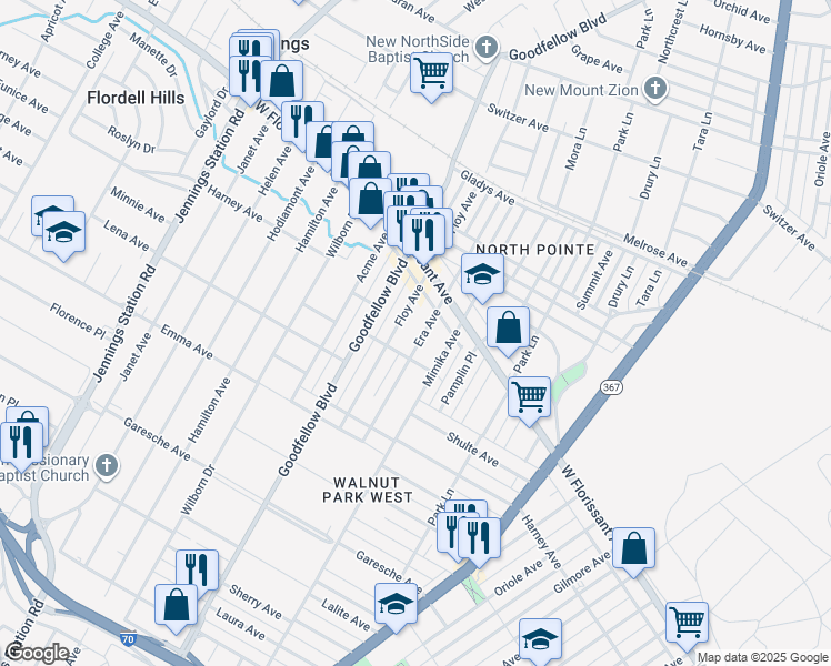 map of restaurants, bars, coffee shops, grocery stores, and more near 5727 Era Avenue in St. Louis
