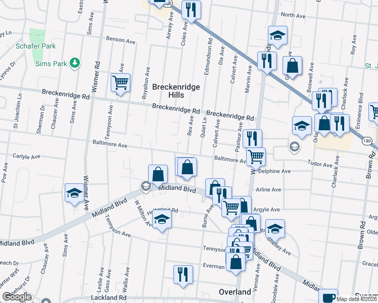 map of restaurants, bars, coffee shops, grocery stores, and more near 9531 Baltimore Avenue in Breckenridge Hills