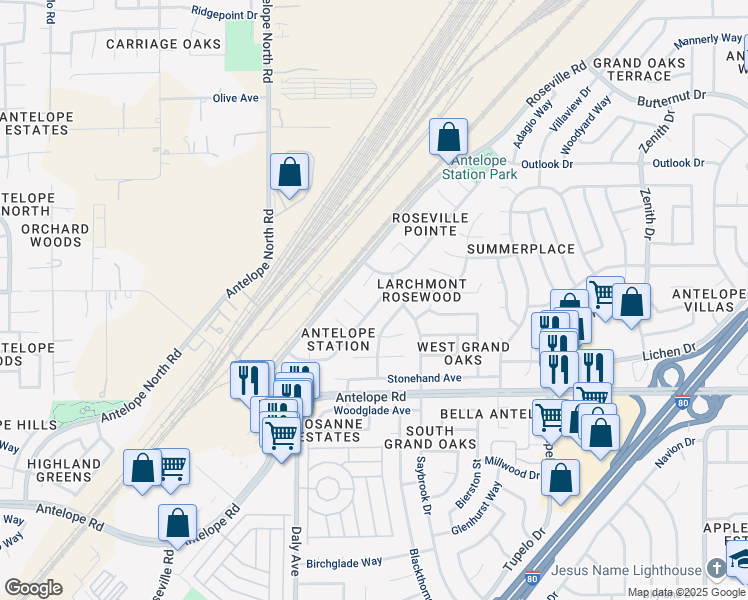 map of restaurants, bars, coffee shops, grocery stores, and more near 7947 Katella Way in Citrus Heights