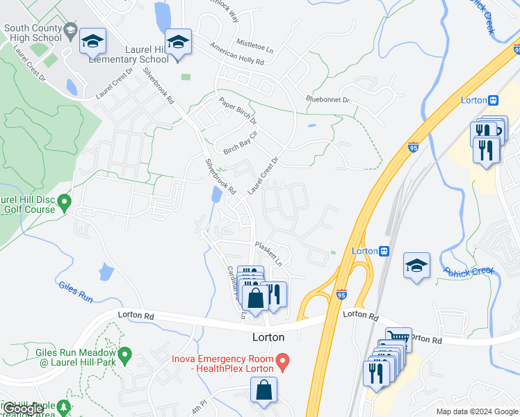 map of restaurants, bars, coffee shops, grocery stores, and more near 9070 Furey Road in Lorton