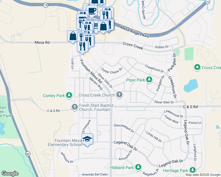 map of restaurants, bars, coffee shops, grocery stores, and more near 8326 Silver Glen Drive in Fountain