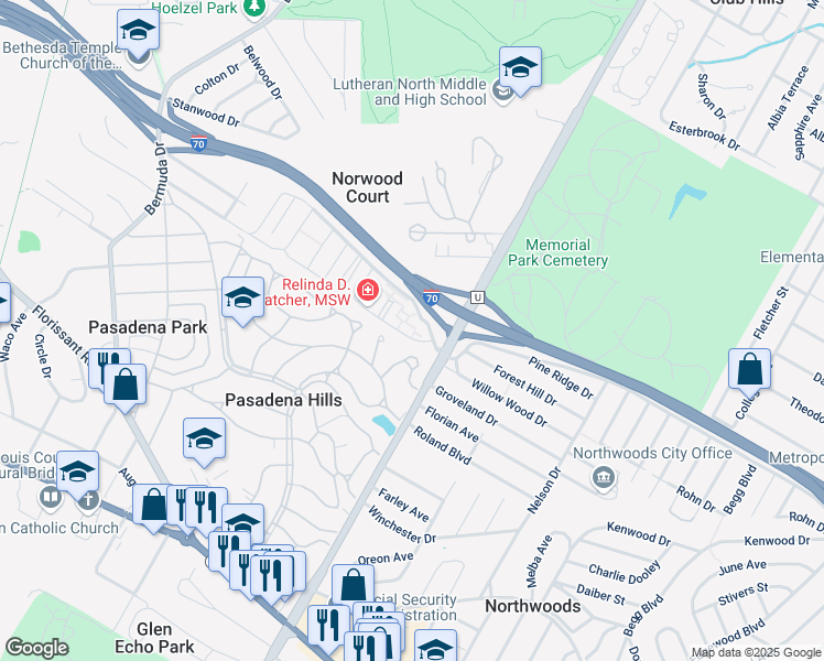 map of restaurants, bars, coffee shops, grocery stores, and more near 7229 Woodstead Court in St. Louis