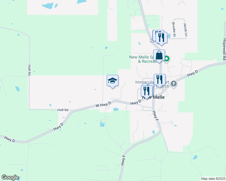 map of restaurants, bars, coffee shops, grocery stores, and more near 201 West Highway D in Wentzville
