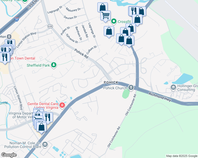 map of restaurants, bars, coffee shops, grocery stores, and more near 7460 Lone Star Road in Lorton