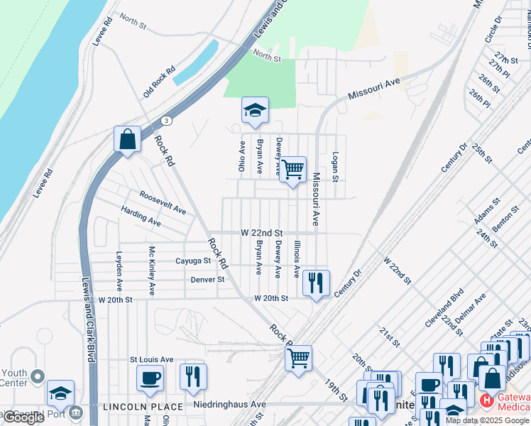 map of restaurants, bars, coffee shops, grocery stores, and more near 2222 Bryan Avenue in Granite City