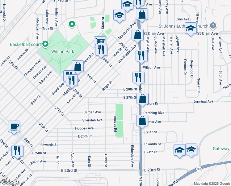 map of restaurants, bars, coffee shops, grocery stores, and more near 2534 28th Street in Granite City