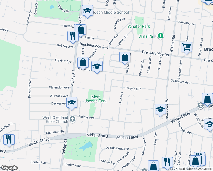 map of restaurants, bars, coffee shops, grocery stores, and more near 2906 Krem Avenue in St. Louis