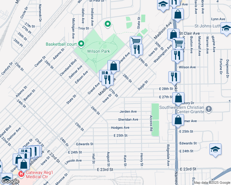 map of restaurants, bars, coffee shops, grocery stores, and more near 2706 Iowa Street in Granite City