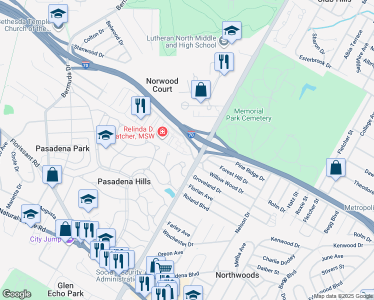 map of restaurants, bars, coffee shops, grocery stores, and more near 7229 Woodstead Court in St. Louis