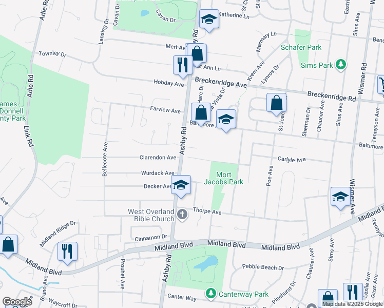 map of restaurants, bars, coffee shops, grocery stores, and more near 10433 Clarendon Avenue in Overland