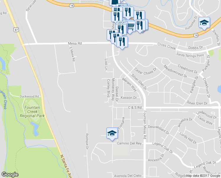 map of restaurants, bars, coffee shops, grocery stores, and more near 2350 Conley Boulevard in Fountain