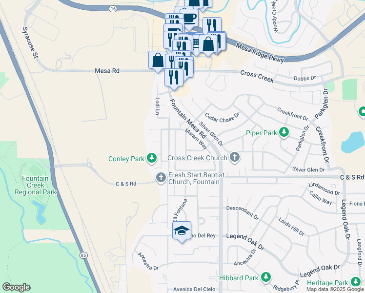 map of restaurants, bars, coffee shops, grocery stores, and more near 8342 Hurley Drive in Fountain