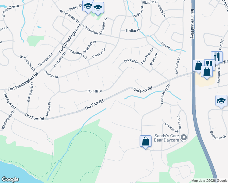 map of restaurants, bars, coffee shops, grocery stores, and more near 13217 Old Fort Road in Fort Washington