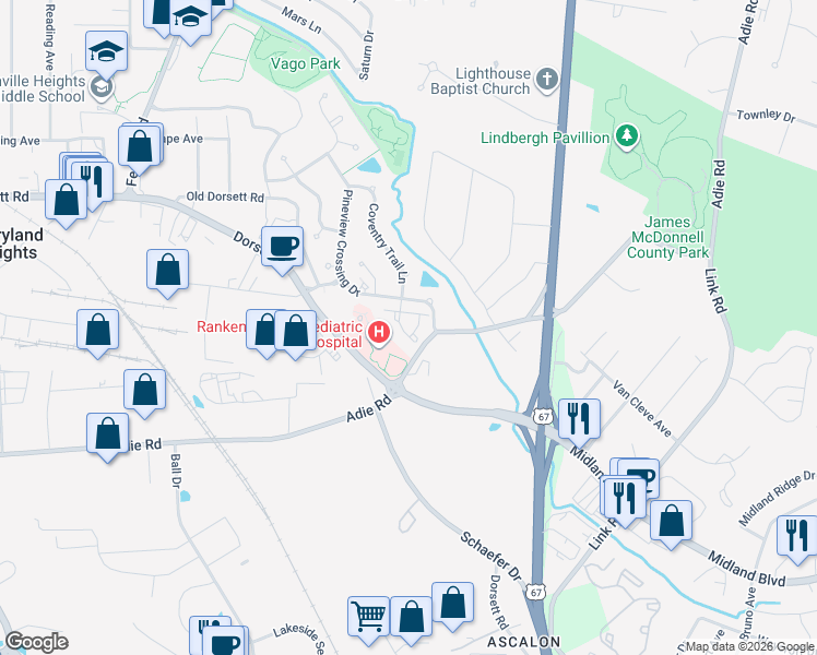 map of restaurants, bars, coffee shops, grocery stores, and more near 524 Coventry Trail Ln in Maryland Heights