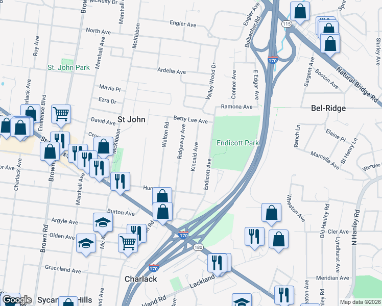 map of restaurants, bars, coffee shops, grocery stores, and more near 2971 Kincaid Avenue in St. Louis