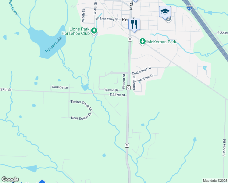 map of restaurants, bars, coffee shops, grocery stores, and more near 11407 Trevor Drive in Peculiar