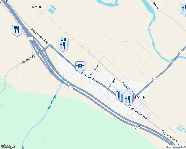 map of restaurants, bars, coffee shops, grocery stores, and more near 21 Woods Lane in Geyserville