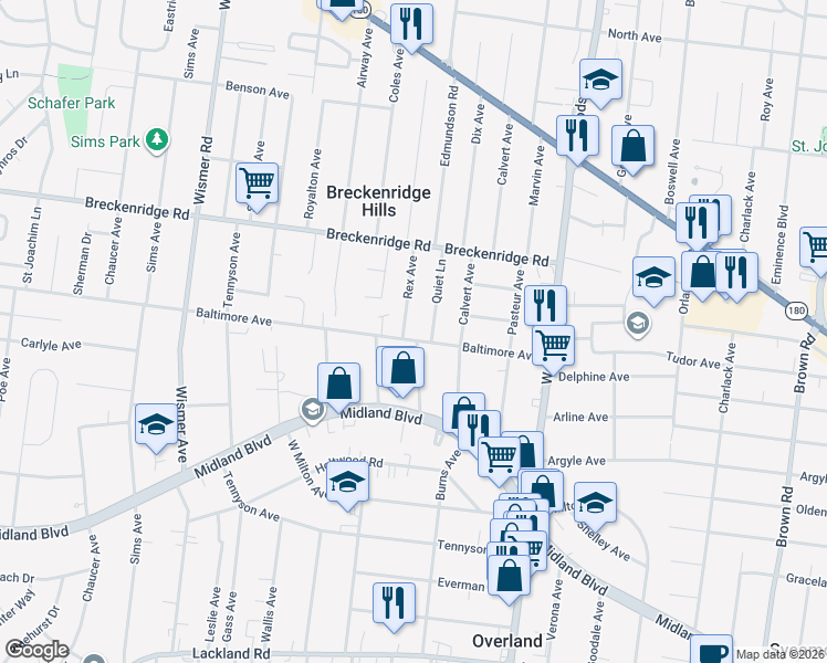 map of restaurants, bars, coffee shops, grocery stores, and more near 9531 Baltimore Avenue in Breckenridge Hills