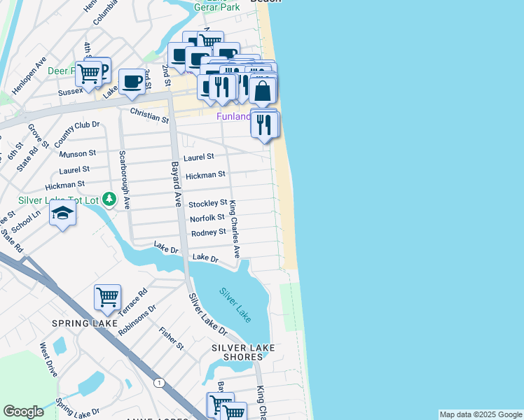 map of restaurants, bars, coffee shops, grocery stores, and more near 1 Norfolk Street in Rehoboth Beach