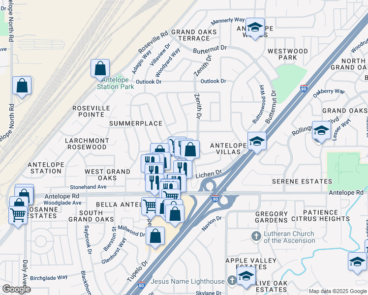map of restaurants, bars, coffee shops, grocery stores, and more near 7943 Zenith Drive in Citrus Heights