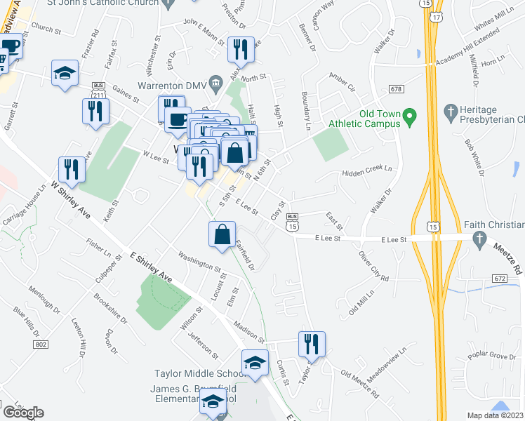 map of restaurants, bars, coffee shops, grocery stores, and more near 171 East Lee Street in Warrenton