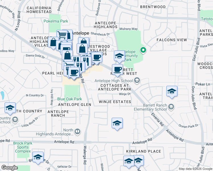 map of restaurants, bars, coffee shops, grocery stores, and more near 7842 Cottage Grove Way in Antelope
