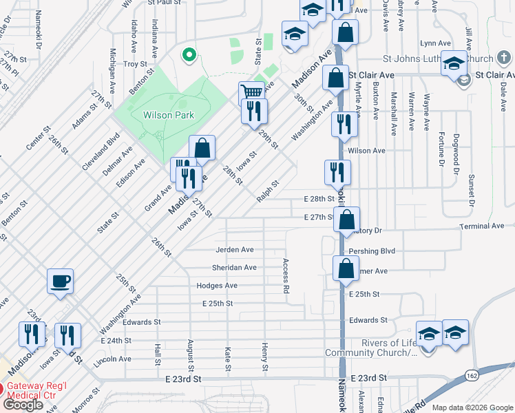 map of restaurants, bars, coffee shops, grocery stores, and more near 2800 Ralph Street in Granite City