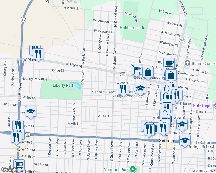 map of restaurants, bars, coffee shops, grocery stores, and more near 800-898 Wilkerson St in Sedalia