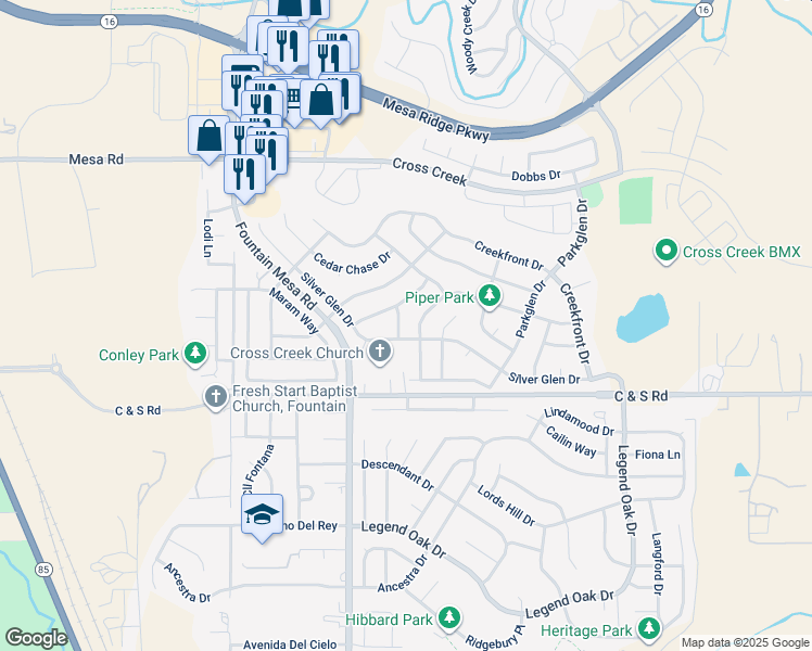 map of restaurants, bars, coffee shops, grocery stores, and more near 7323 Bentwater Drive in Fountain