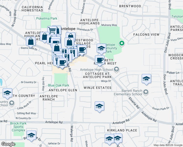 map of restaurants, bars, coffee shops, grocery stores, and more near 7842 Cottage Grove Way in Antelope