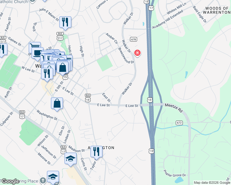 map of restaurants, bars, coffee shops, grocery stores, and more near 212 Autumn Wind Ct in Warrenton