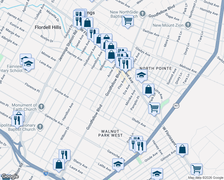 map of restaurants, bars, coffee shops, grocery stores, and more near 5704 Goodfellow Blvd in St Louis