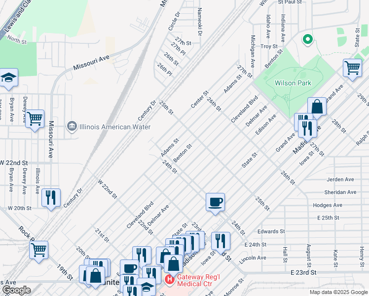 map of restaurants, bars, coffee shops, grocery stores, and more near 2431 Benton Street in Granite City