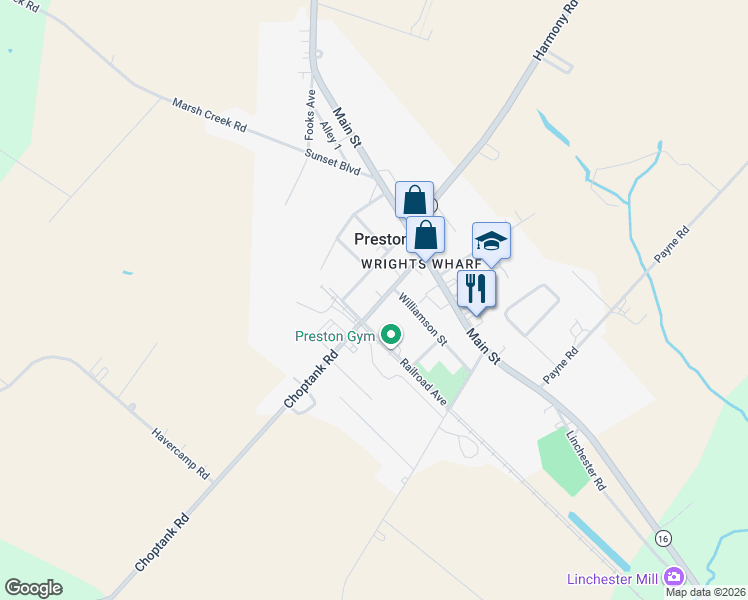 map of restaurants, bars, coffee shops, grocery stores, and more near 128 Maple Avenue in Preston