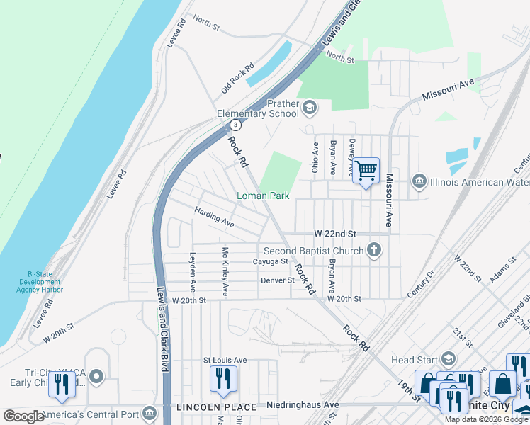 map of restaurants, bars, coffee shops, grocery stores, and more near 2702 Roosevelt Avenue in Granite City