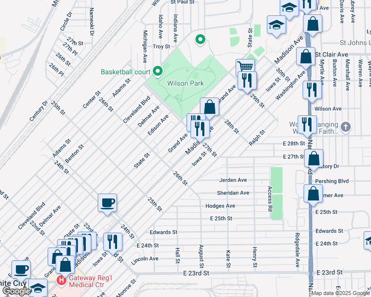 map of restaurants, bars, coffee shops, grocery stores, and more near 2623 Madison Avenue in Granite City