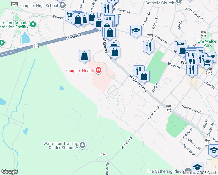 map of restaurants, bars, coffee shops, grocery stores, and more near 45 Sire Way in Warrenton