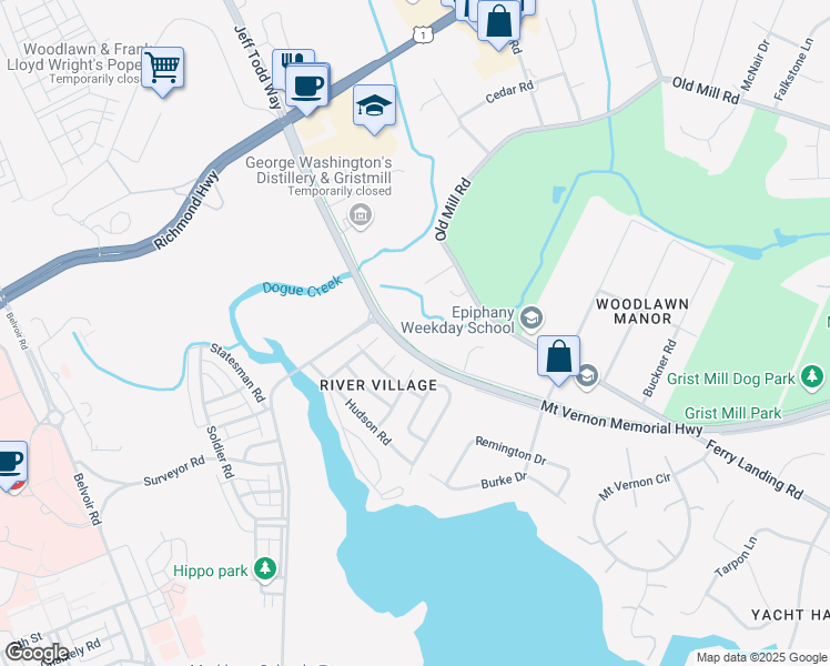 map of restaurants, bars, coffee shops, grocery stores, and more near 5400 Mount Vernon Memorial Highway in Alexandria