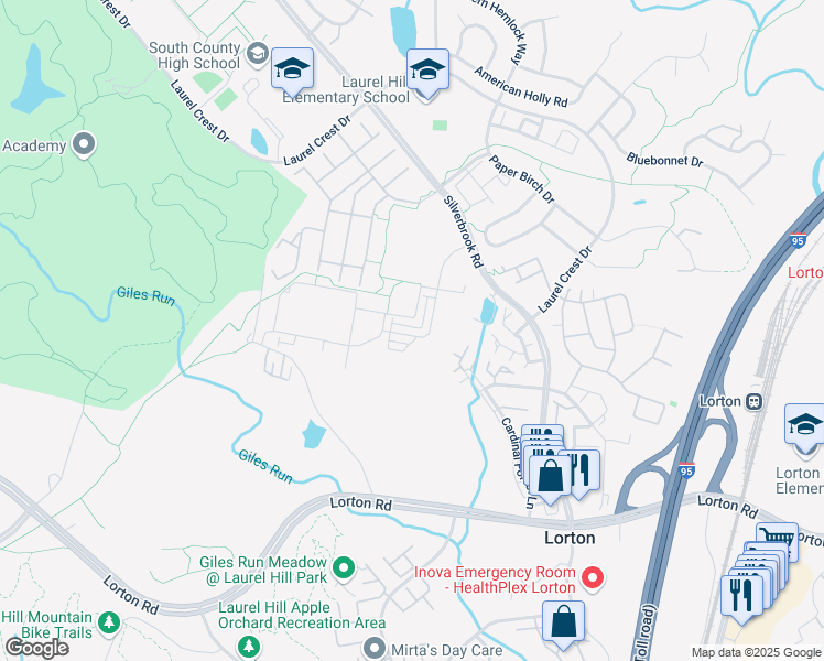 map of restaurants, bars, coffee shops, grocery stores, and more near 9144 Power House Road in Lorton