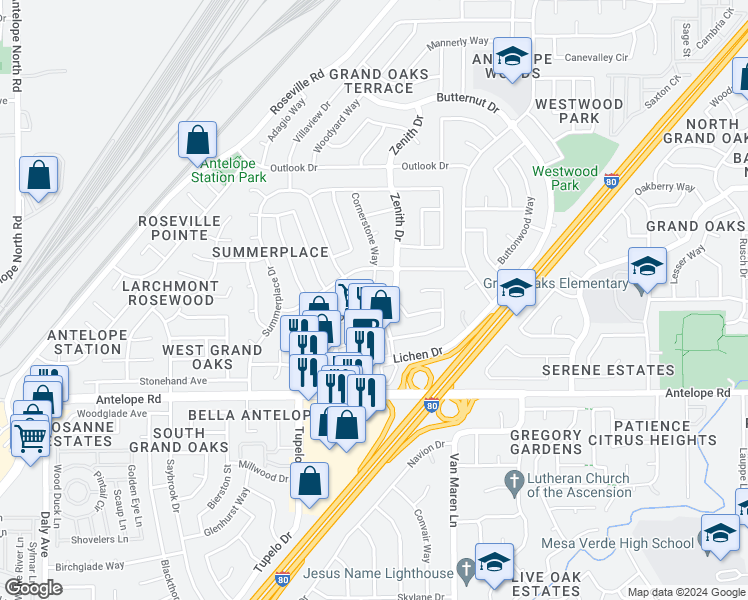 map of restaurants, bars, coffee shops, grocery stores, and more near 8003 Zenith Drive in Citrus Heights