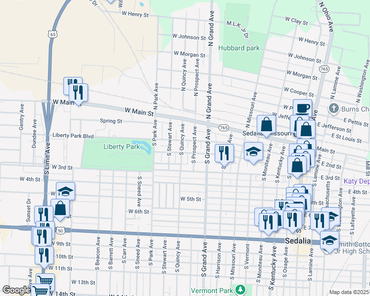 map of restaurants, bars, coffee shops, grocery stores, and more near 217 South Quincy Avenue in Sedalia