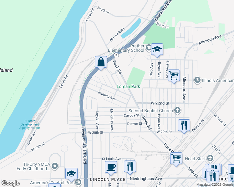 map of restaurants, bars, coffee shops, grocery stores, and more near 2749 Roosevelt Avenue in Granite City