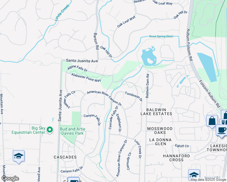 map of restaurants, bars, coffee shops, grocery stores, and more near 5B American River Canyon Drive in Folsom