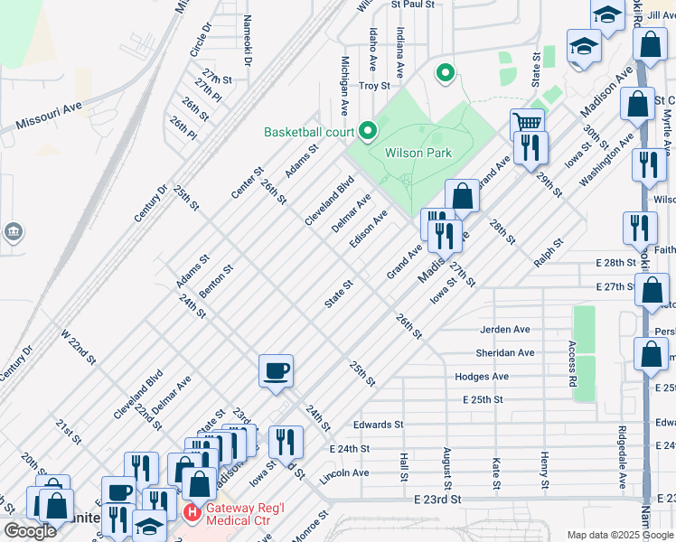 map of restaurants, bars, coffee shops, grocery stores, and more near 2563 State Street in Granite City