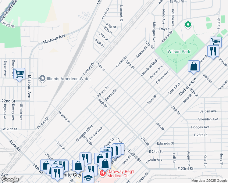 map of restaurants, bars, coffee shops, grocery stores, and more near 2431 Benton Street in Granite City