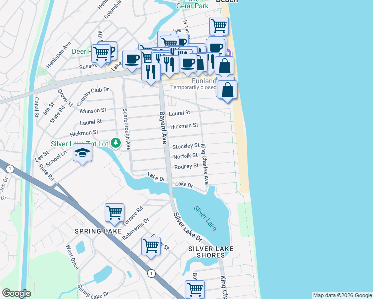 map of restaurants, bars, coffee shops, grocery stores, and more near 110 Stockley Street in Rehoboth Beach