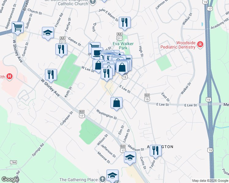 map of restaurants, bars, coffee shops, grocery stores, and more near 72 South 5th Street in Warrenton